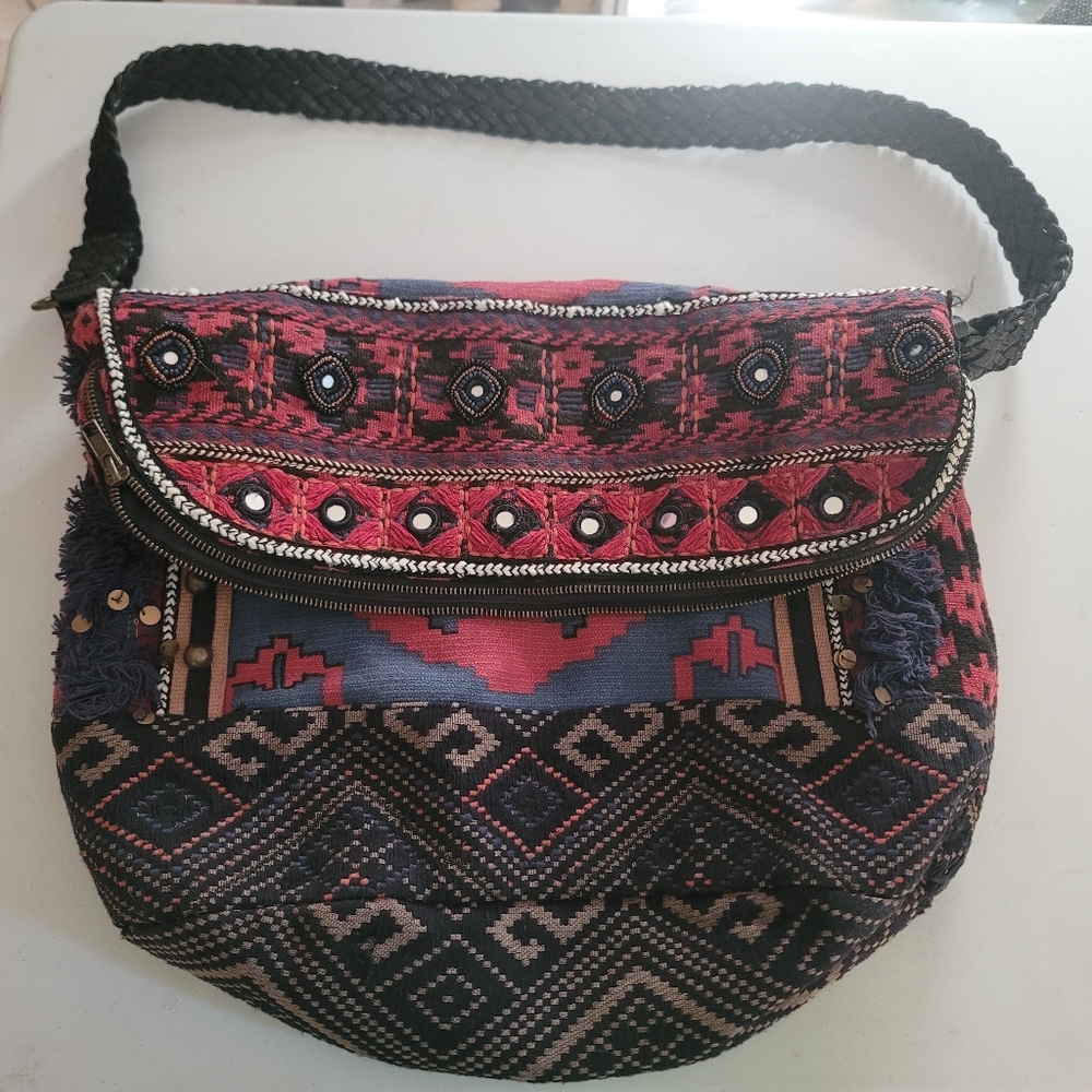 Free People Fold Over Studded Boho Chic Tote Bag Tapestry Rug Bag